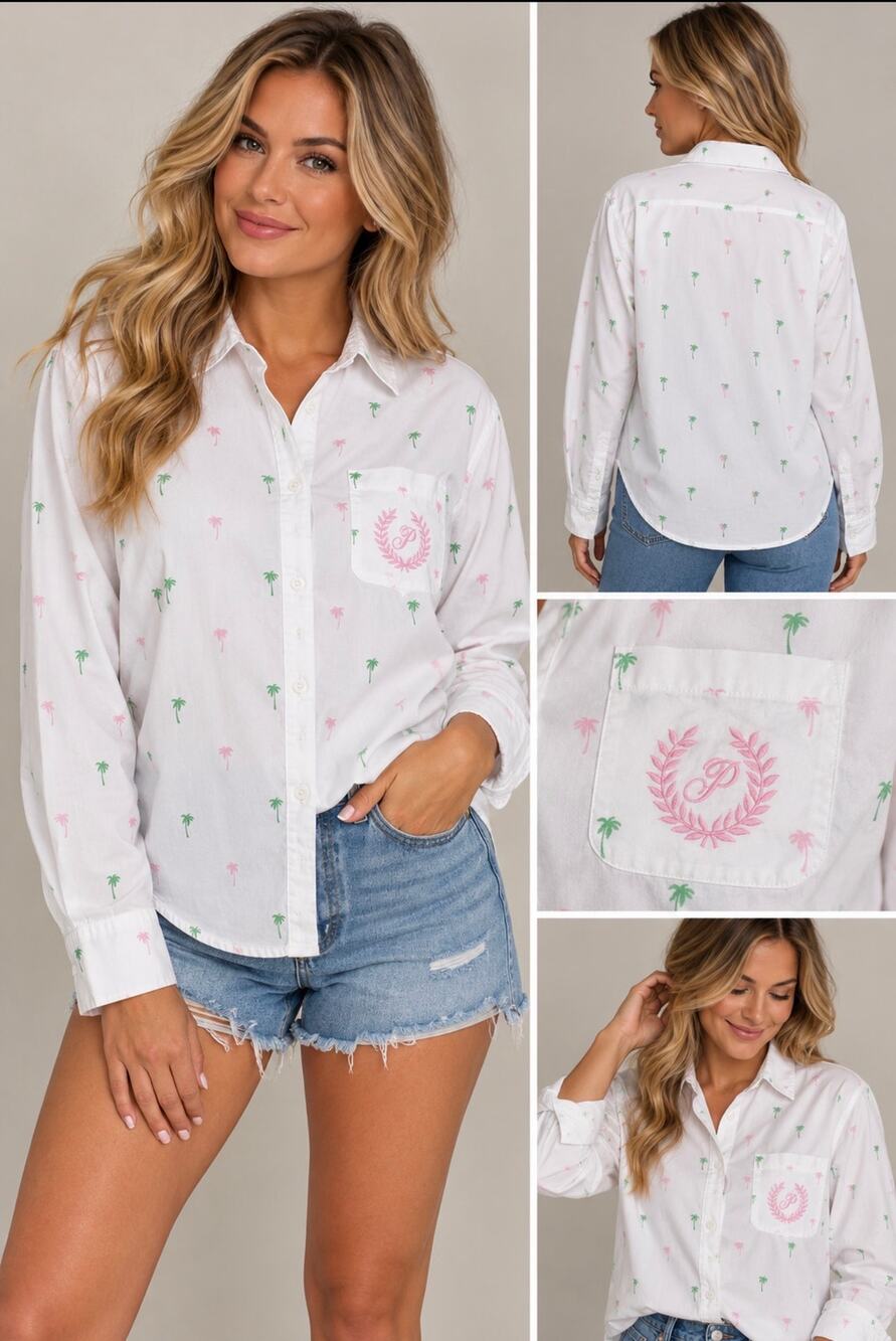 PINK Victoria’s Secret L White Palm Tree Button Down Shirt Tropical Preppy